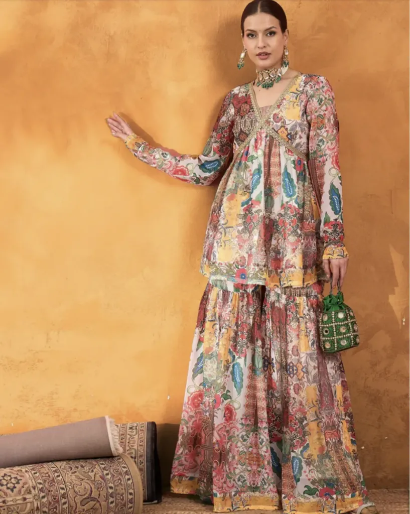 Women White Multi Floral Peplum Top With Sharara Pants