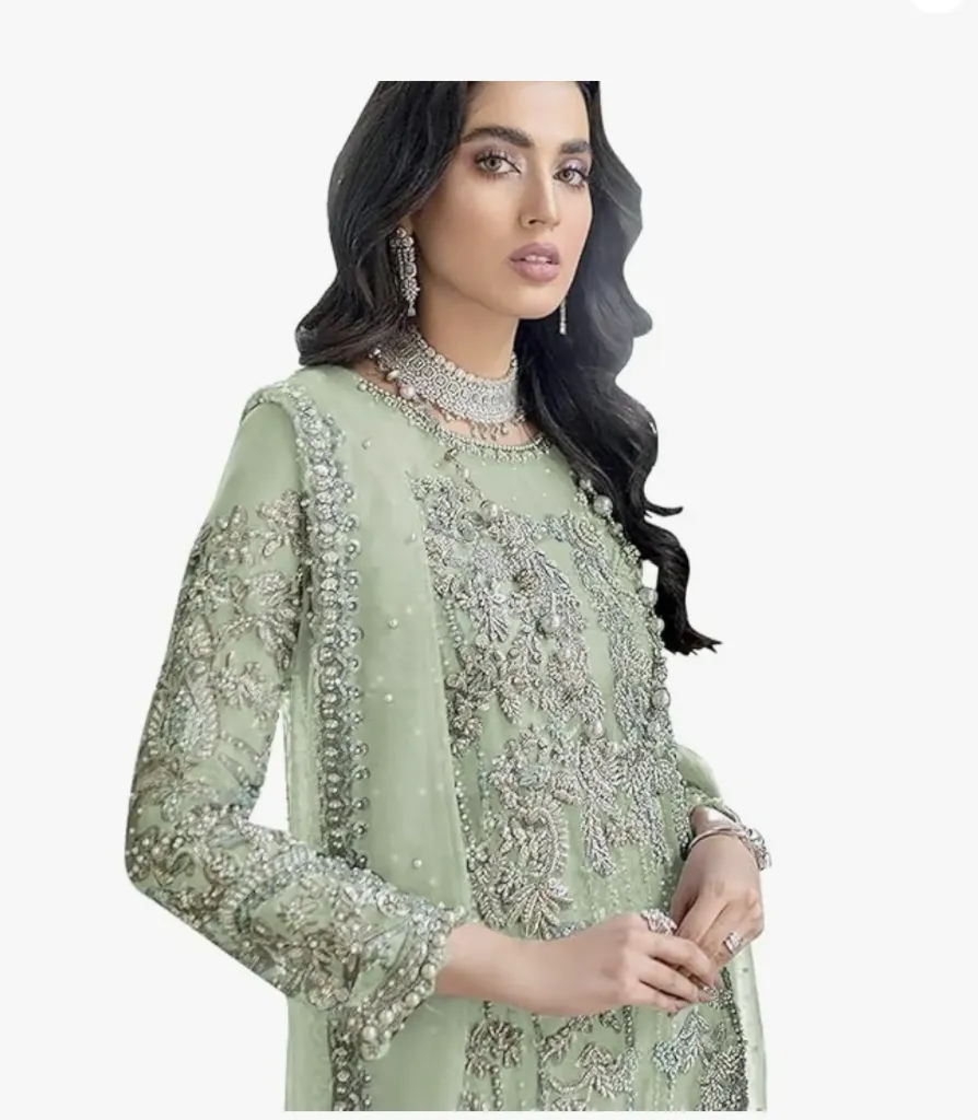 Pista Green Organza (semi stitched)