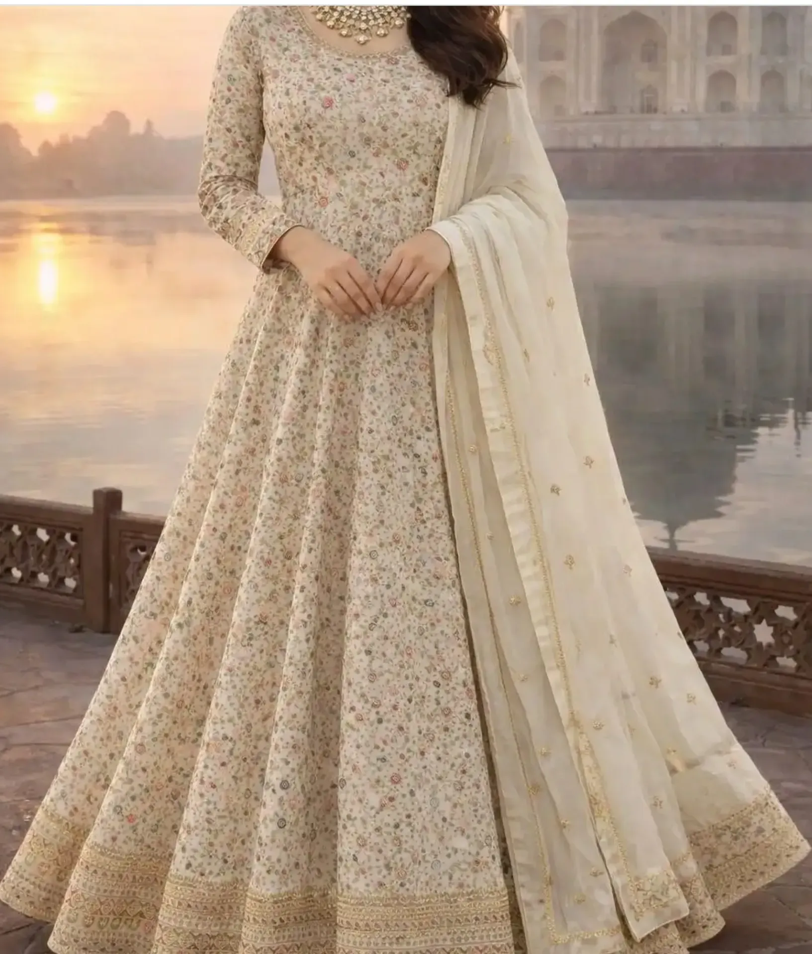 Cream Enbroidery Anarkali
