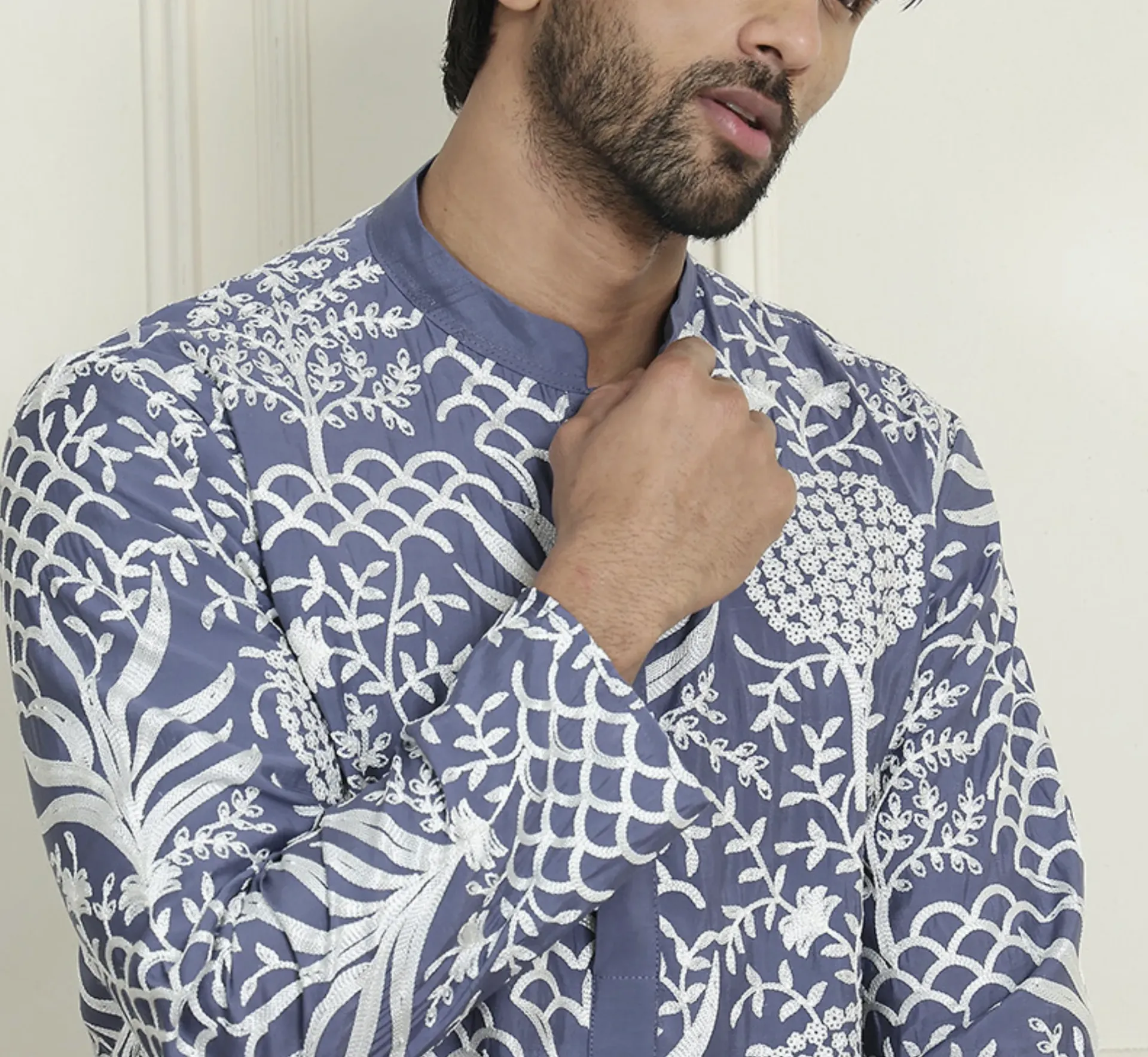 Mens Kurta Blue white embroidery